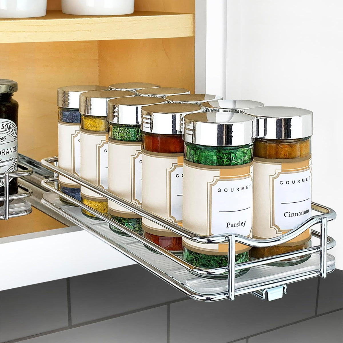 ® Pull Out Spice Organization for Cabinets - 4-3/8 inch Wide – Spice Rack for Inside Cabinets, Slide Out Spice Rack Organizer for cabinet – Pull Out Spice Rack, Sliding 2 Tier Chrome