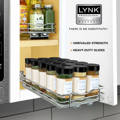 ® Pull Out Spice Organization for Cabinets - 4-3/8 inch Wide – Spice Rack for Inside Cabinets, Slide Out Spice Rack Organizer for cabinet – Pull Out Spice Rack, Sliding 2 Tier Chrome