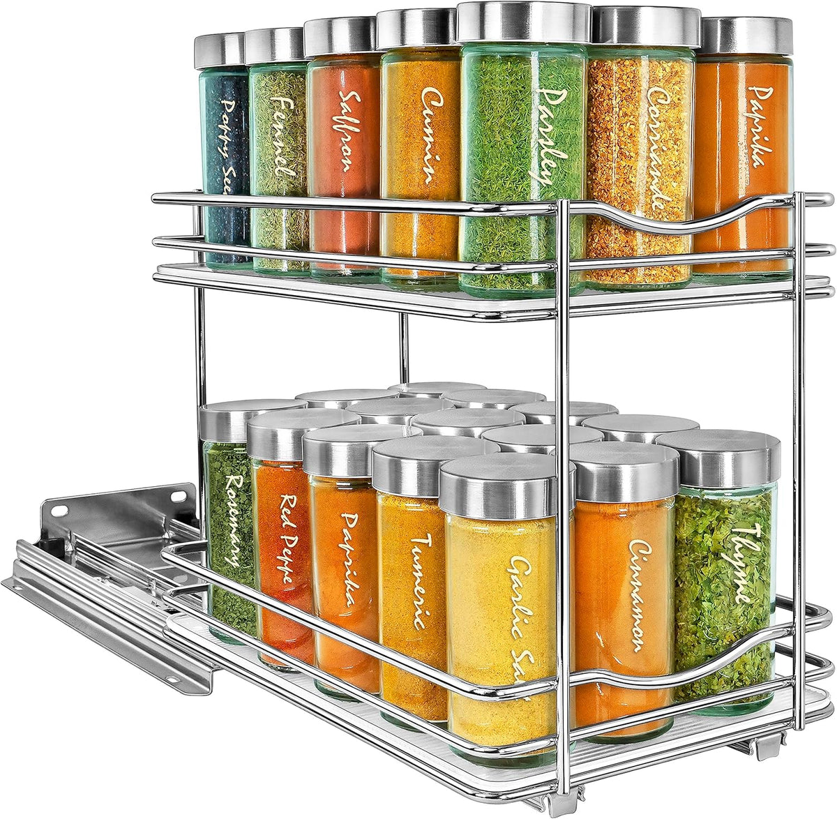 ® Pull Out Spice Organization for Cabinets - 4-3/8 inch Wide – Spice Rack for Inside Cabinets, Slide Out Spice Rack Organizer for cabinet – Pull Out Spice Rack, Sliding 2 Tier Chrome