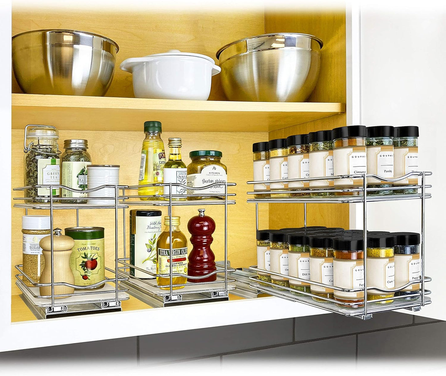 ® Pull Out Spice Organization for Cabinets - 4-3/8 inch Wide – Spice Rack for Inside Cabinets, Slide Out Spice Rack Organizer for cabinet – Pull Out Spice Rack, Sliding 2 Tier Chrome