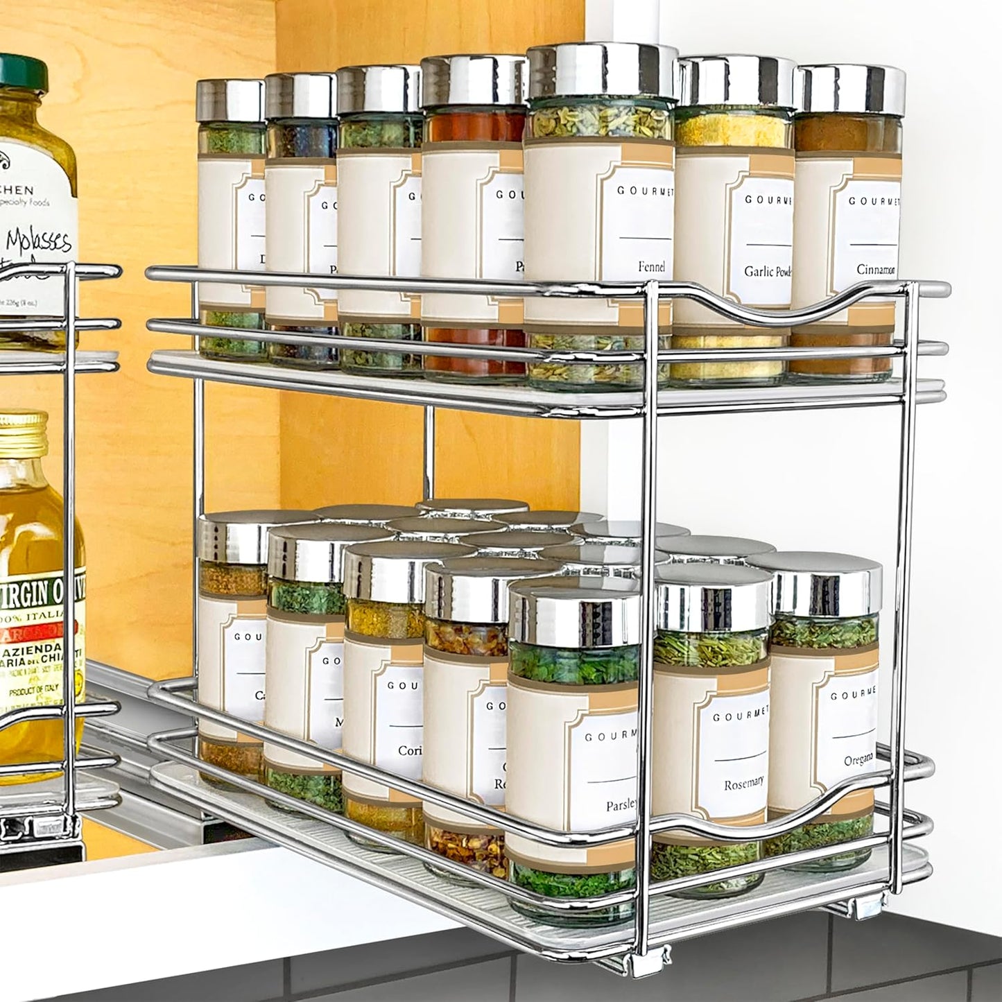 ® Pull Out Spice Organization for Cabinets - 4-3/8 inch Wide – Spice Rack for Inside Cabinets, Slide Out Spice Rack Organizer for cabinet – Pull Out Spice Rack, Sliding 2 Tier Chrome