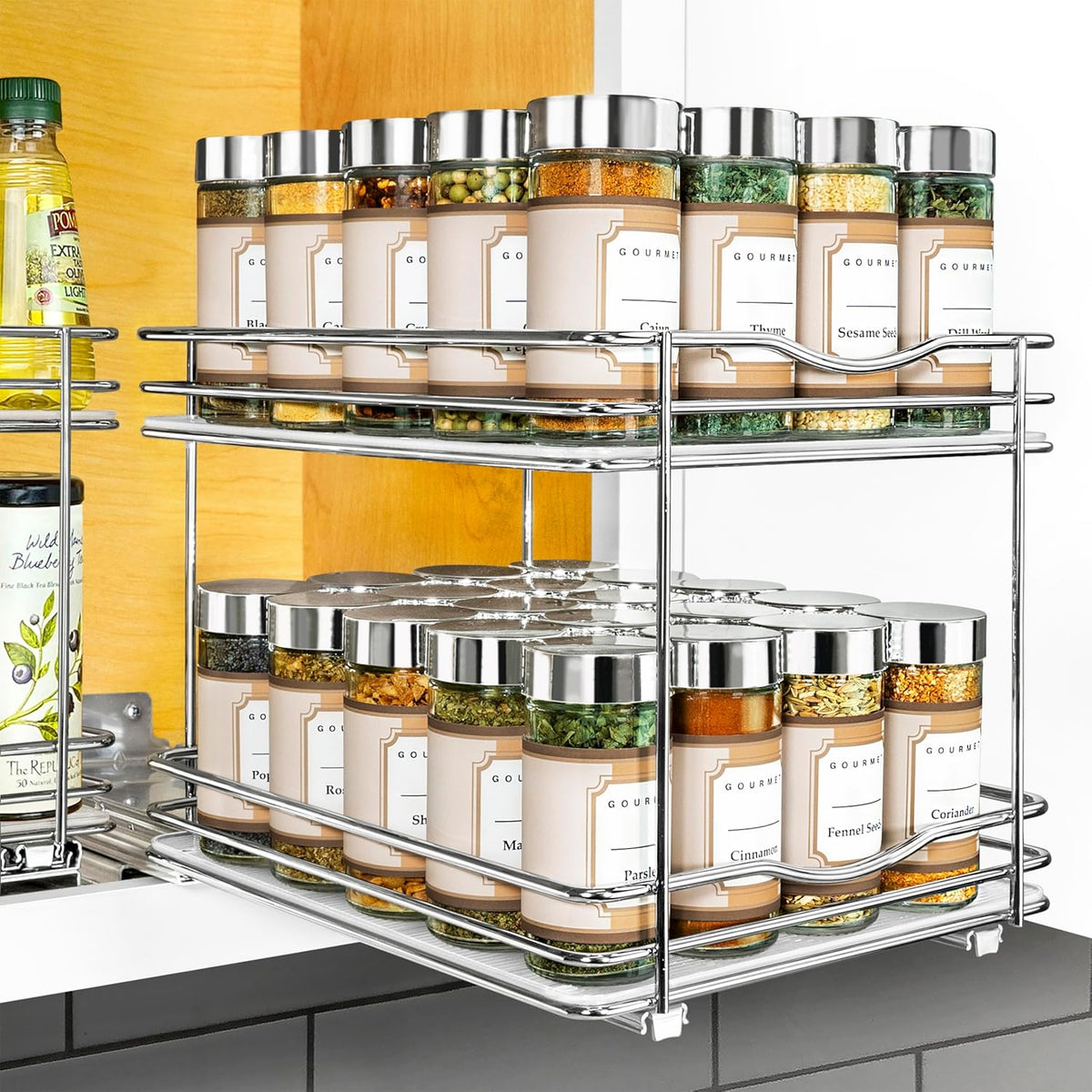 ® Pull Out Spice Organization for Cabinets - 4-3/8 inch Wide – Spice Rack for Inside Cabinets, Slide Out Spice Rack Organizer for cabinet – Pull Out Spice Rack, Sliding 2 Tier Chrome