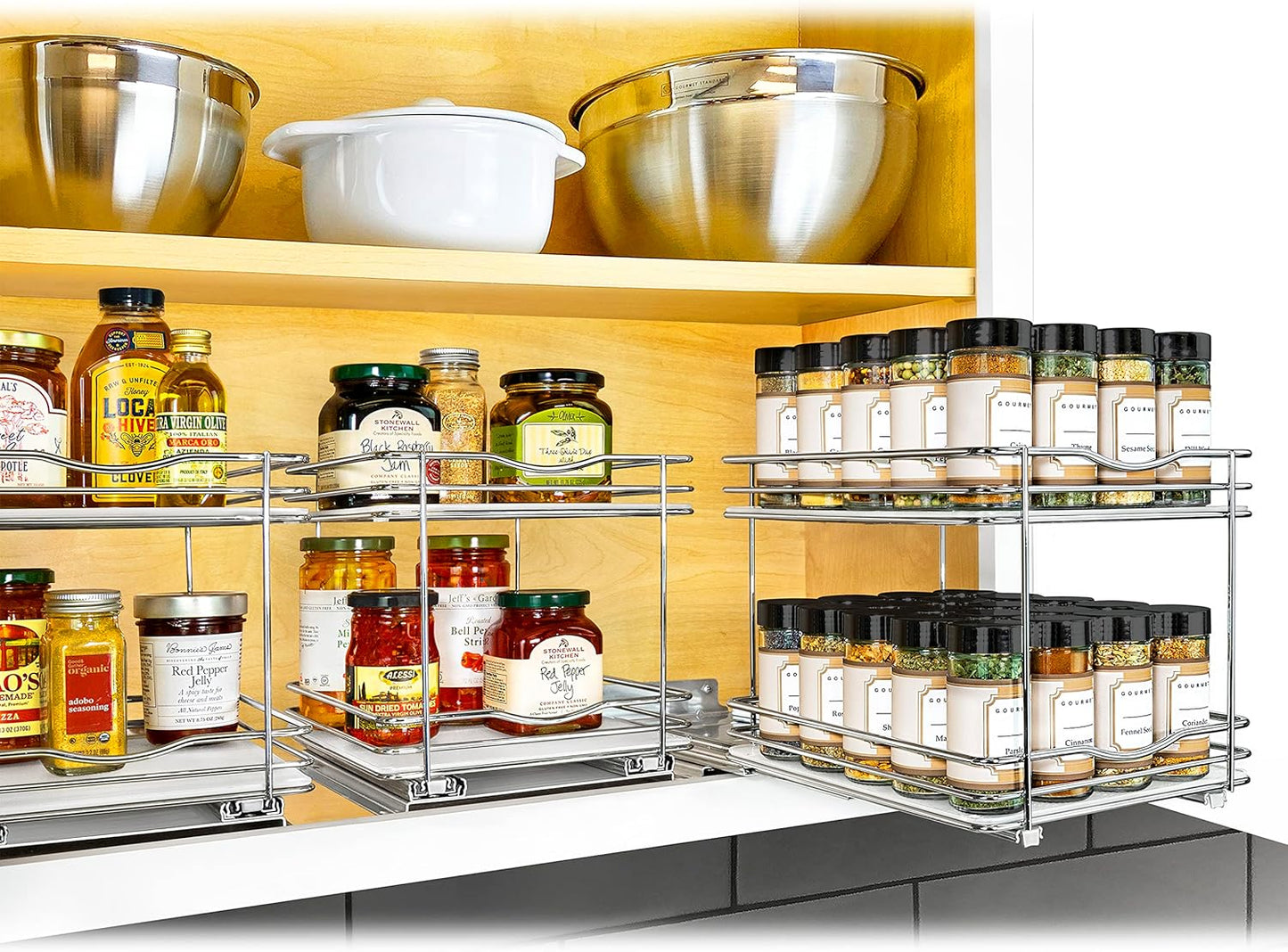 ® Pull Out Spice Organization for Cabinets - 4-3/8 inch Wide – Spice Rack for Inside Cabinets, Slide Out Spice Rack Organizer for cabinet – Pull Out Spice Rack, Sliding 2 Tier Chrome