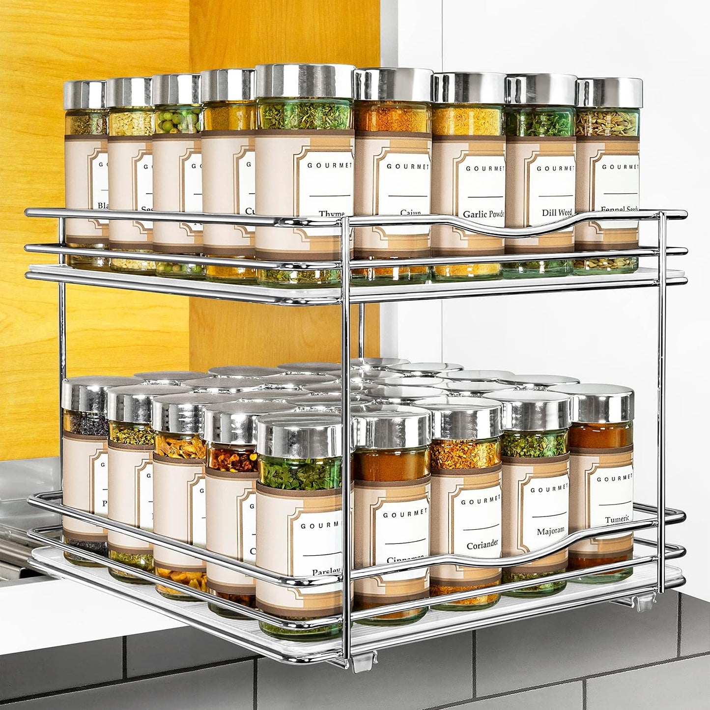 ® Pull Out Spice Organization for Cabinets - 4-3/8 inch Wide – Spice Rack for Inside Cabinets, Slide Out Spice Rack Organizer for cabinet – Pull Out Spice Rack, Sliding 2 Tier Chrome