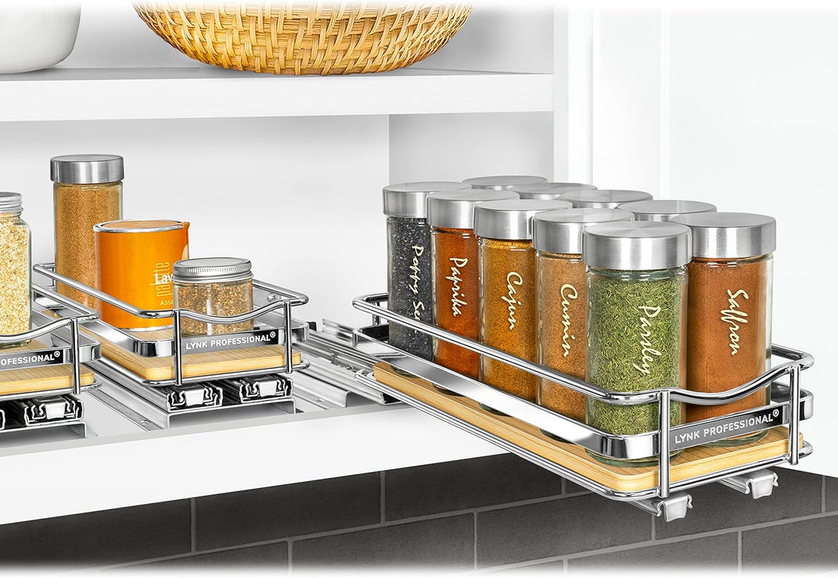 ® Pull Out Spice Organization for Cabinets - 4-3/8 inch Wide – Spice Rack for Inside Cabinets, Slide Out Spice Rack Organizer for cabinet – Pull Out Spice Rack, Sliding 2 Tier Chrome