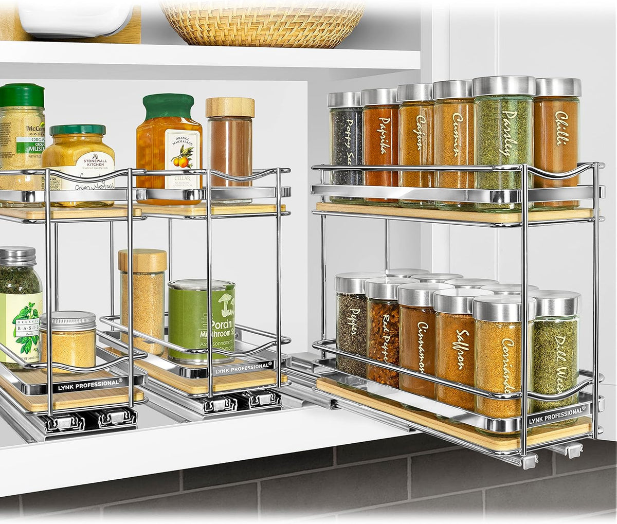 ® Pull Out Spice Organization for Cabinets - 4-3/8 inch Wide – Spice Rack for Inside Cabinets, Slide Out Spice Rack Organizer for cabinet – Pull Out Spice Rack, Sliding 2 Tier Chrome