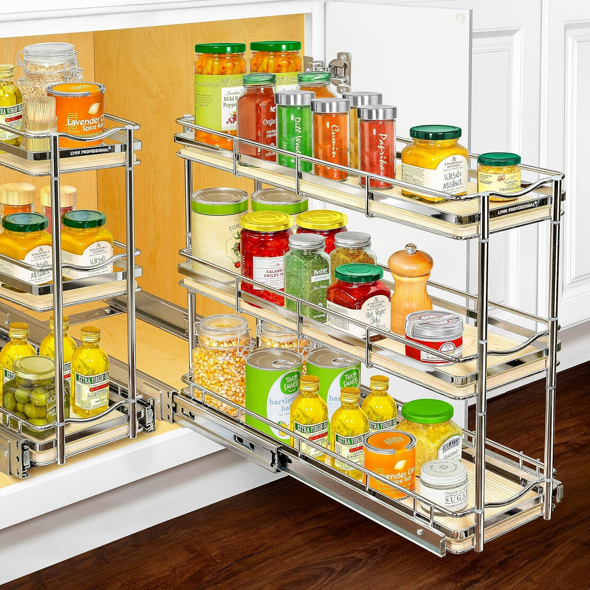 ® Pull Out Spice Organization for Cabinets - 4-3/8 inch Wide – Spice Rack for Inside Cabinets, Slide Out Spice Rack Organizer for cabinet – Pull Out Spice Rack, Sliding 2 Tier Chrome