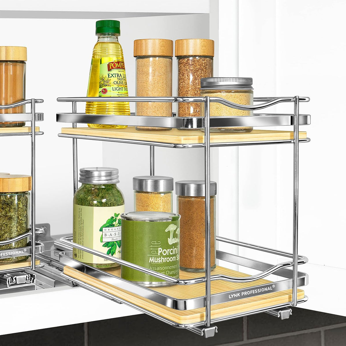® Pull Out Spice Organization for Cabinets - 4-3/8 inch Wide – Spice Rack for Inside Cabinets, Slide Out Spice Rack Organizer for cabinet – Pull Out Spice Rack, Sliding 2 Tier Chrome