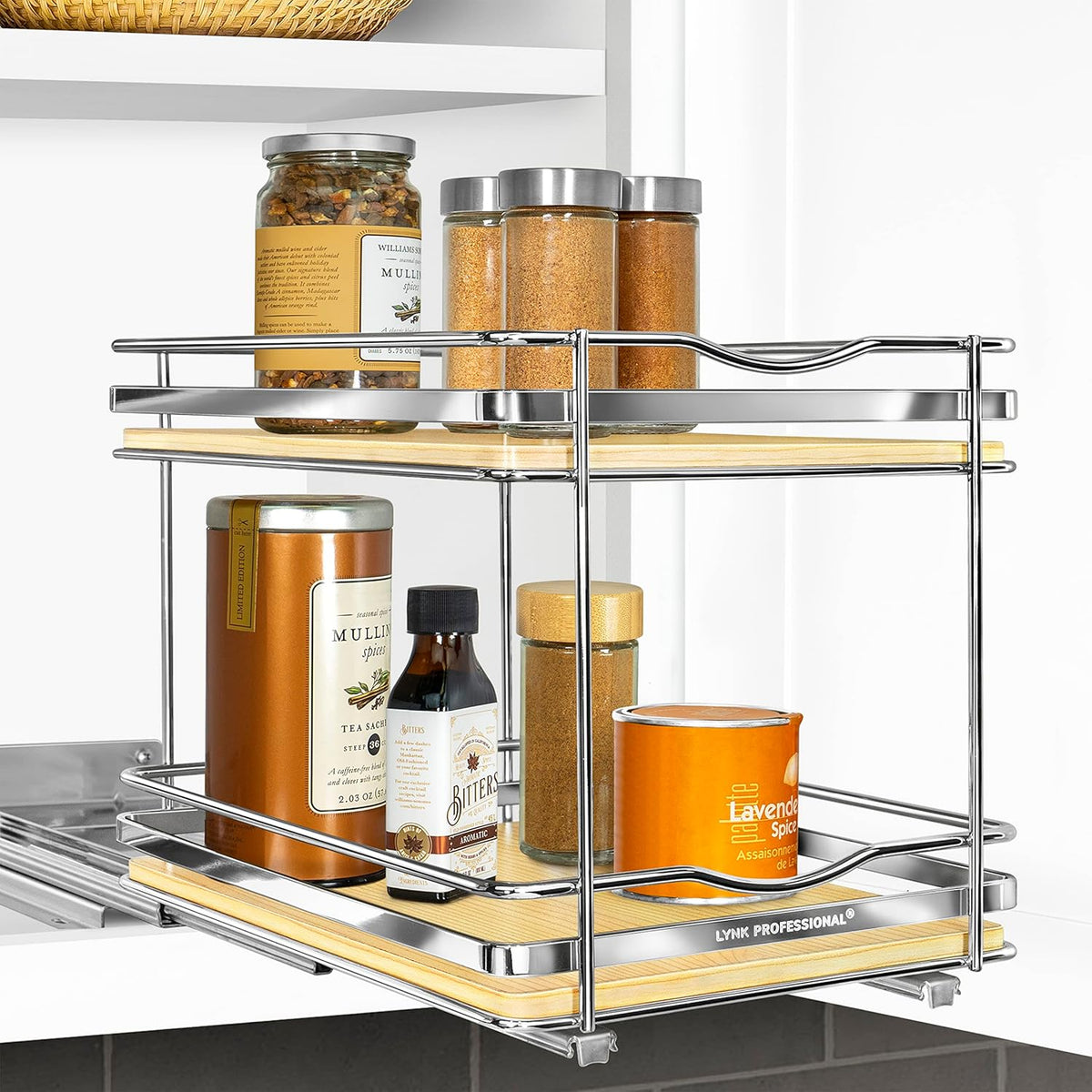 ® Pull Out Spice Organization for Cabinets - 4-3/8 inch Wide – Spice Rack for Inside Cabinets, Slide Out Spice Rack Organizer for cabinet – Pull Out Spice Rack, Sliding 2 Tier Chrome