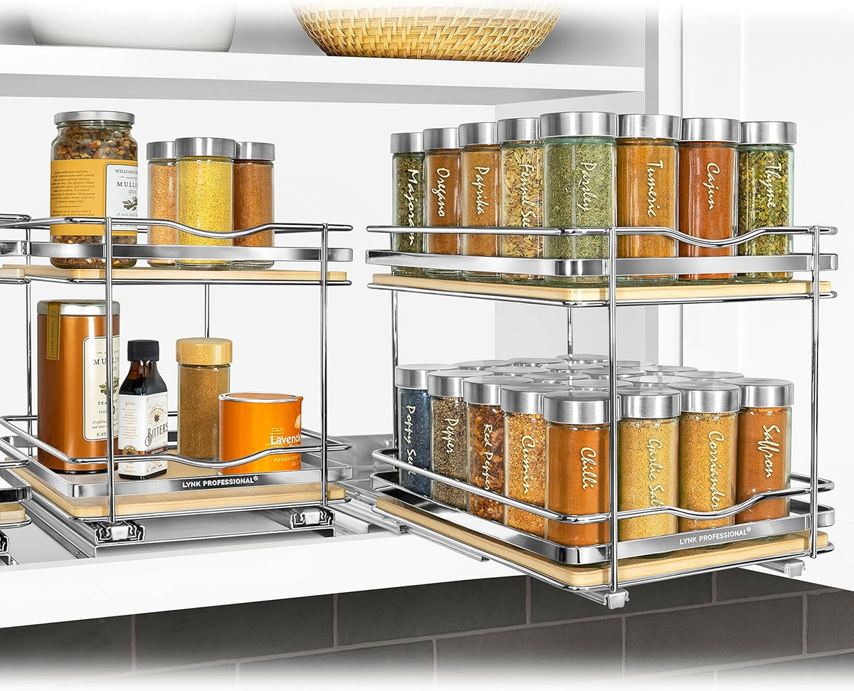 ® Pull Out Spice Organization for Cabinets - 4-3/8 inch Wide – Spice Rack for Inside Cabinets, Slide Out Spice Rack Organizer for cabinet – Pull Out Spice Rack, Sliding 2 Tier Chrome