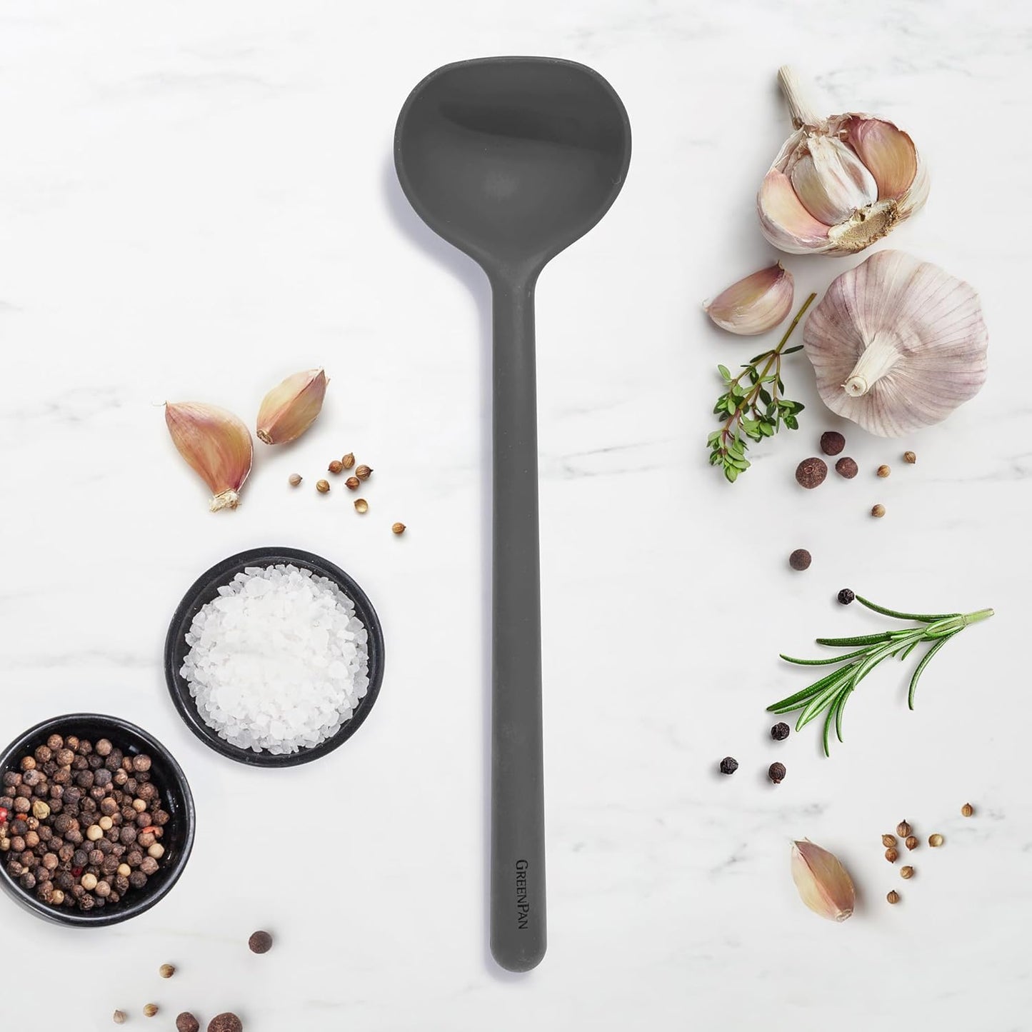 Silicone Ladle, Soup Mixing Stirring Serving, Cooking Kitchen Utensil, Flexible Rubber Nonstick Cookware, Rigid Steel Core, Heat-Resistant, Anti-Slip Handle, BPA-Free, Dishwasher Safe, Gray