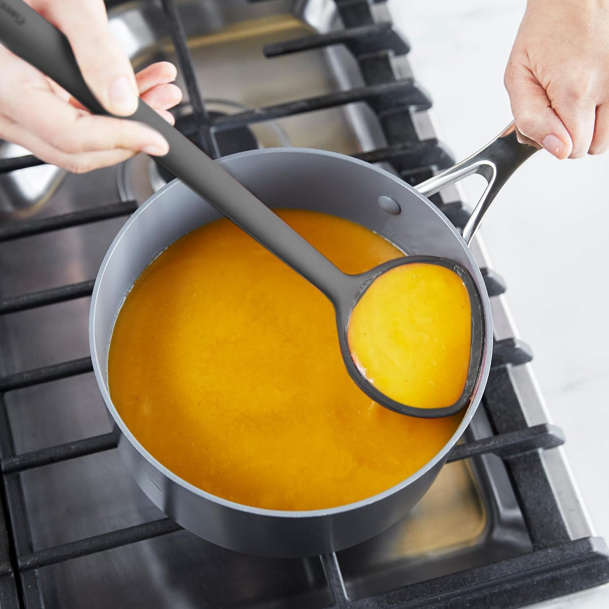 Silicone Ladle, Soup Mixing Stirring Serving, Cooking Kitchen Utensil, Flexible Rubber Nonstick Cookware, Rigid Steel Core, Heat-Resistant, Anti-Slip Handle, BPA-Free, Dishwasher Safe, Gray