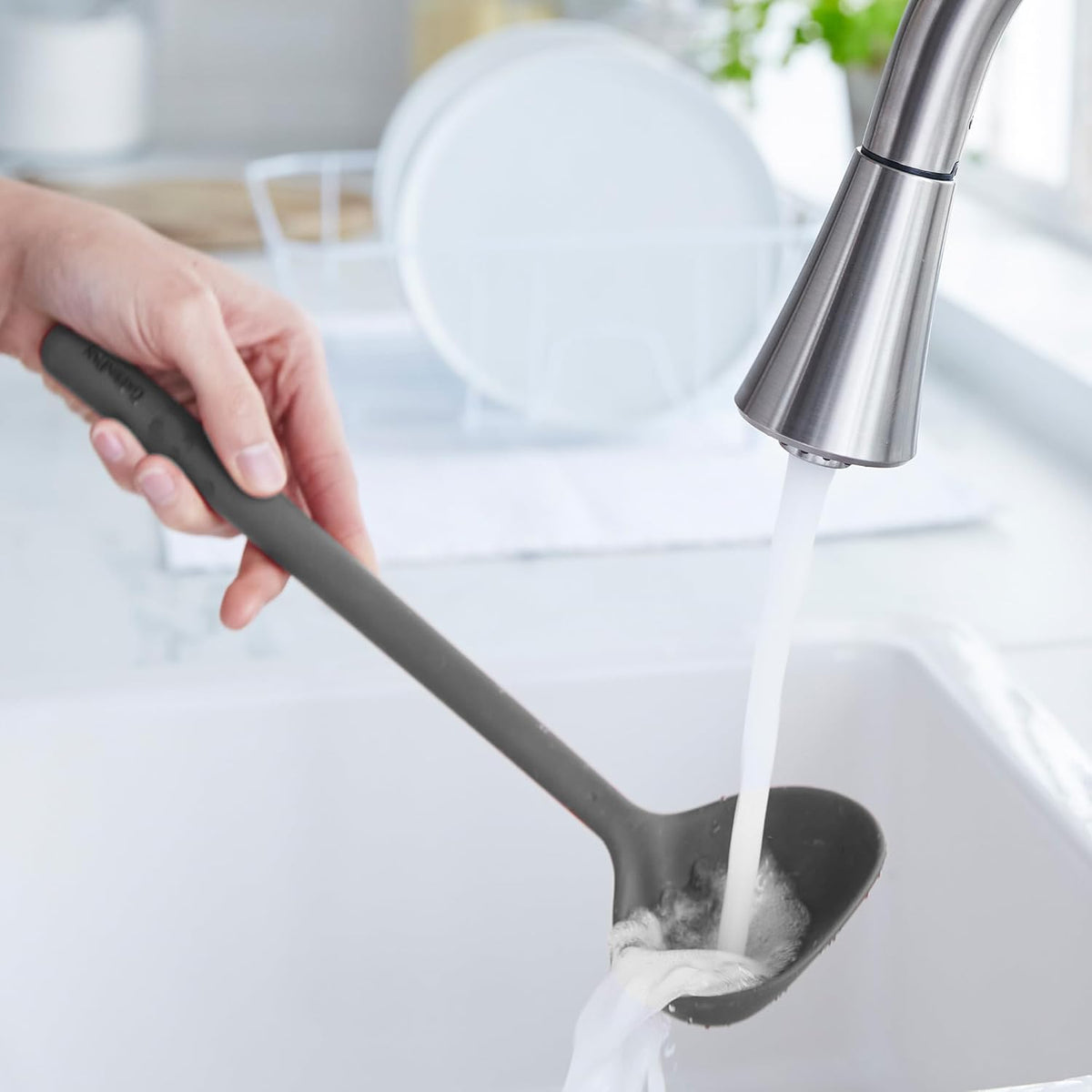 Silicone Ladle, Soup Mixing Stirring Serving, Cooking Kitchen Utensil, Flexible Rubber Nonstick Cookware, Rigid Steel Core, Heat-Resistant, Anti-Slip Handle, BPA-Free, Dishwasher Safe, Gray
