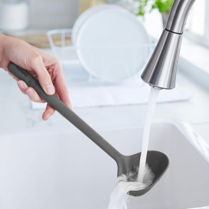Silicone Ladle, Soup Mixing Stirring Serving, Cooking Kitchen Utensil, Flexible Rubber Nonstick Cookware, Rigid Steel Core, Heat-Resistant, Anti-Slip Handle, BPA-Free, Dishwasher Safe, Gray