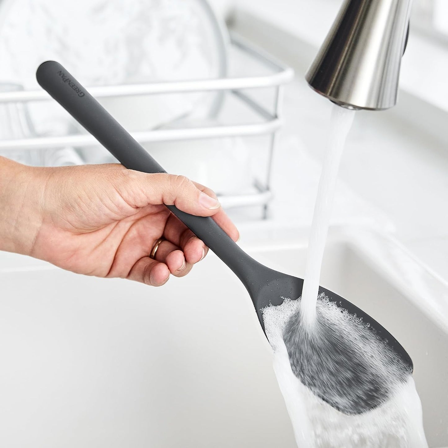 Silicone Ladle, Soup Mixing Stirring Serving, Cooking Kitchen Utensil, Flexible Rubber Nonstick Cookware, Rigid Steel Core, Heat-Resistant, Anti-Slip Handle, BPA-Free, Dishwasher Safe, Gray