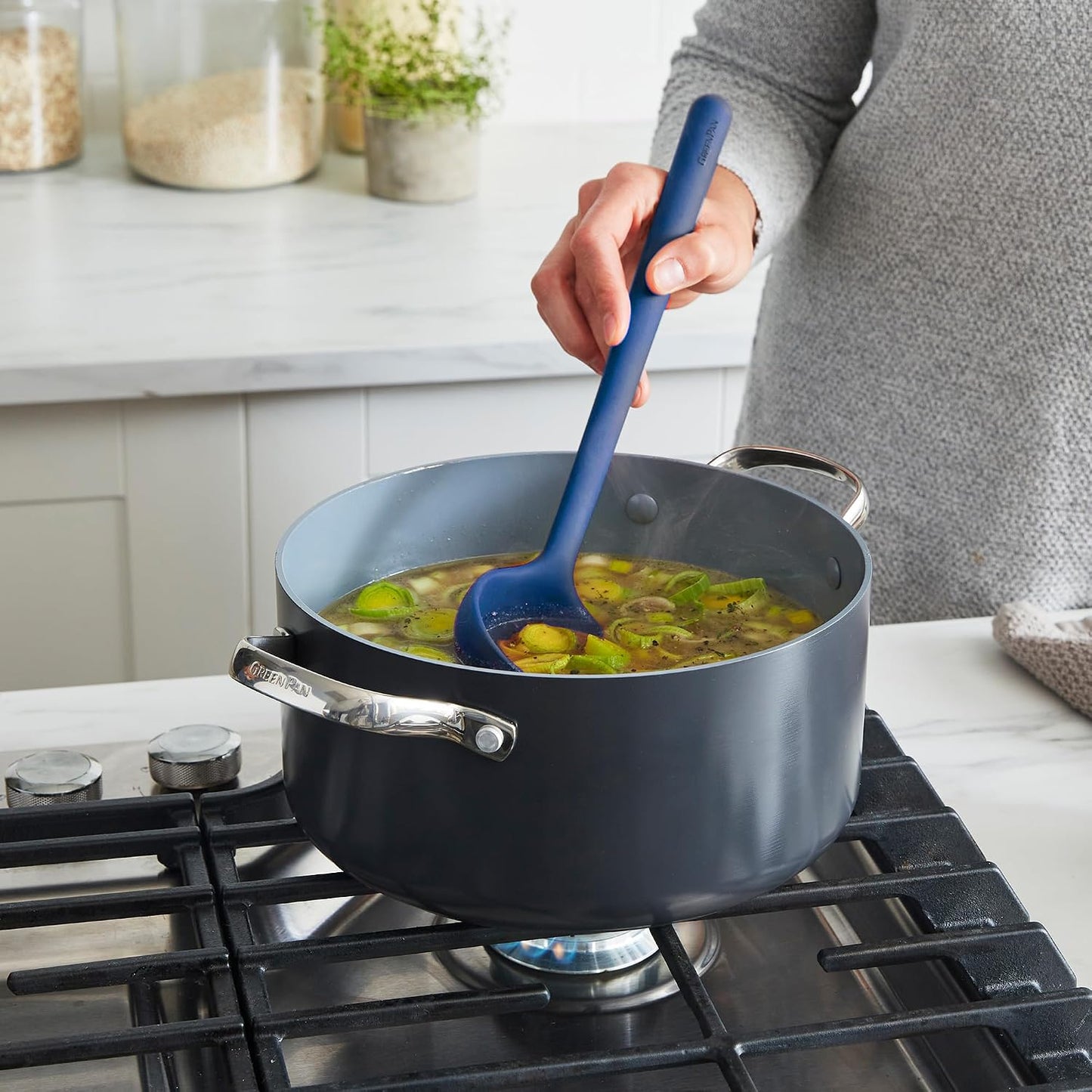 Silicone Ladle, Soup Mixing Stirring Serving, Cooking Kitchen Utensil, Flexible Rubber Nonstick Cookware, Rigid Steel Core, Heat-Resistant, Anti-Slip Handle, BPA-Free, Dishwasher Safe, Gray