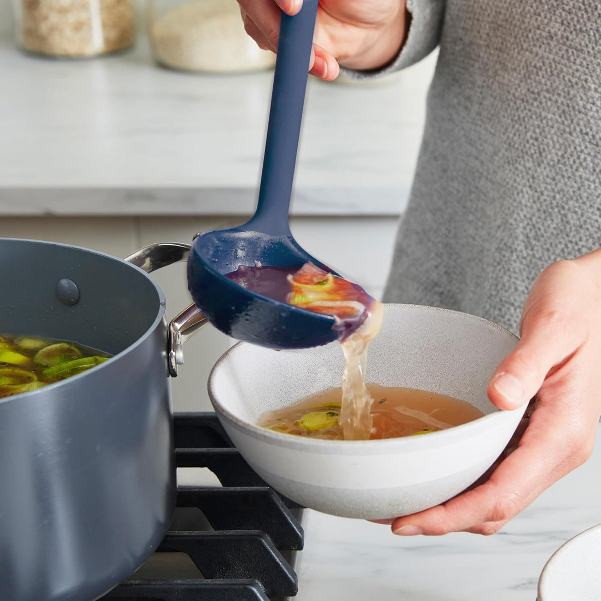 Silicone Ladle, Soup Mixing Stirring Serving, Cooking Kitchen Utensil, Flexible Rubber Nonstick Cookware, Rigid Steel Core, Heat-Resistant, Anti-Slip Handle, BPA-Free, Dishwasher Safe, Gray