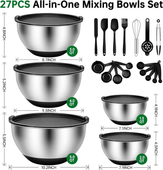 Mixing Bowls with Airtight Lids, 22Pcs Stainless Steel Mixing Bowls Set, Nesting Bowls with Non-Slip Silicone Base, thicker Metal Bowls for Baking & Prepping, 1.5/2/3/4/5 QT, Black