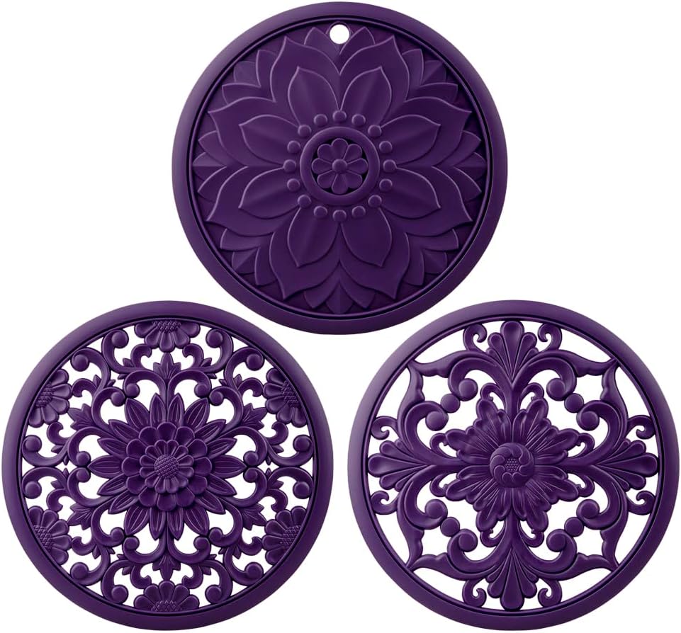 Silicone Trivets Mats for Hot Pots & Pans & Dishes, Hot Pads for Kitchen, Multipurpose Heat Resistant Mat for Kitchen Counter, Durable & Flexible Silicone Pot Holder Set 2 Rectangular Purple