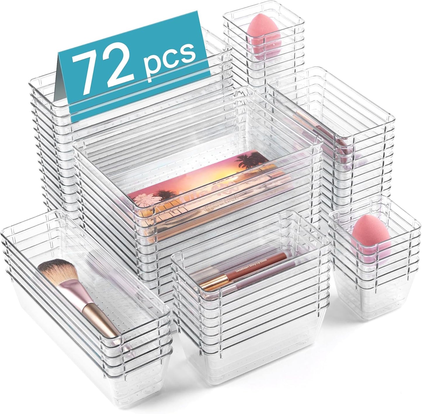 72 PCS Clear Plastic Drawer Organizers Set, 4-Size Versatile Bathroom and Vanity Organizer Trays, Non-Slip Storage Containers for Makeup, Jewelries, Bedroom，Kitchen Utensils and Office