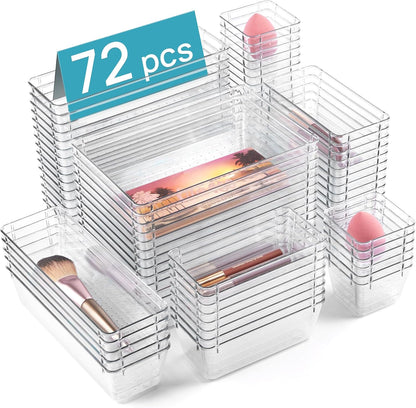 72 PCS Clear Plastic Drawer Organizers Set, 4-Size Versatile Bathroom and Vanity Organizer Trays, Non-Slip Storage Containers for Makeup, Jewelries, Bedroom，Kitchen Utensils and Office