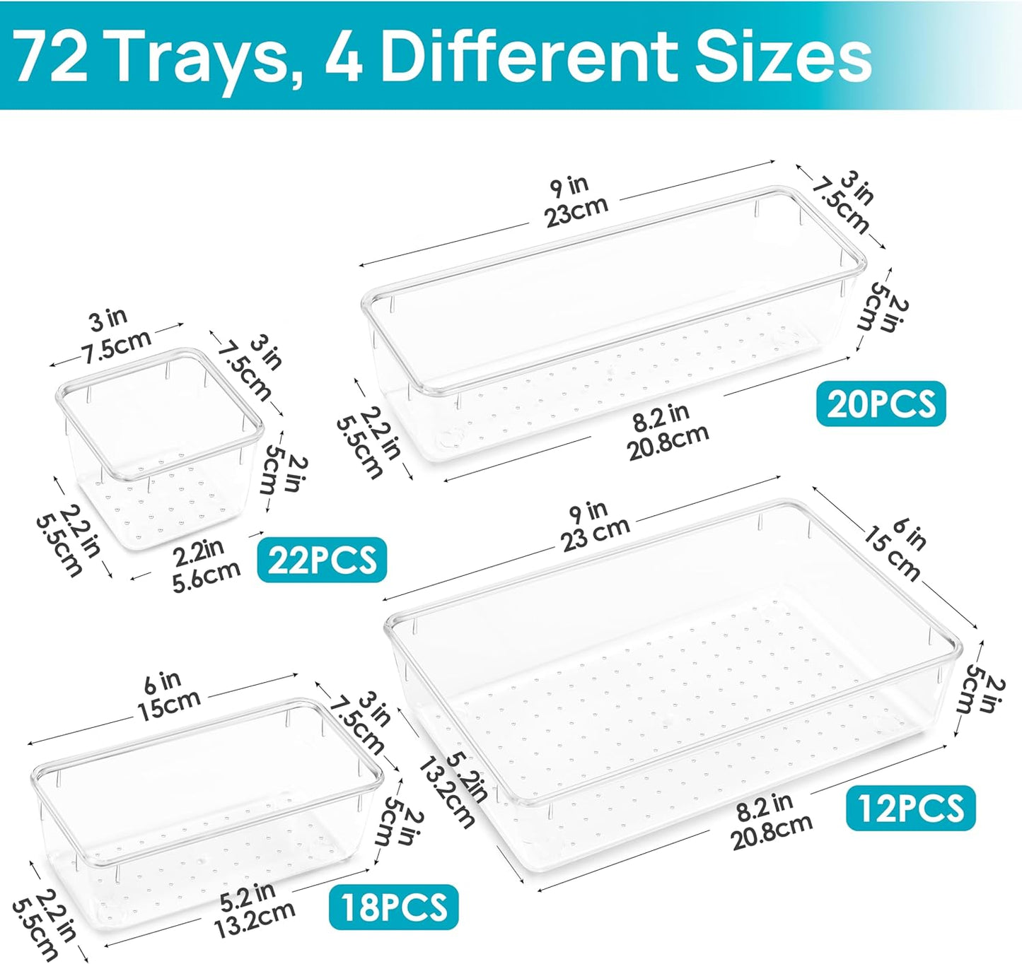 72 PCS Clear Plastic Drawer Organizers Set, 4-Size Versatile Bathroom and Vanity Organizer Trays, Non-Slip Storage Containers for Makeup, Jewelries, Bedroom，Kitchen Utensils and Office