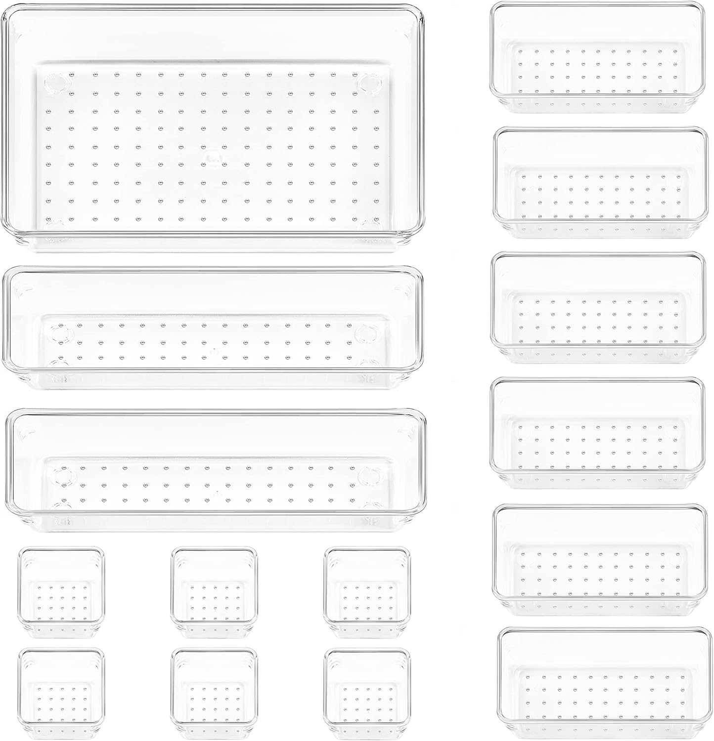 72 PCS Clear Plastic Drawer Organizers Set, 4-Size Versatile Bathroom and Vanity Organizer Trays, Non-Slip Storage Containers for Makeup, Jewelries, Bedroom，Kitchen Utensils and Office