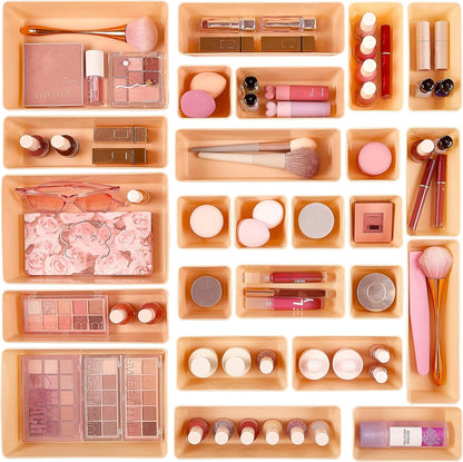 72 PCS Clear Plastic Drawer Organizers Set, 4-Size Versatile Bathroom and Vanity Organizer Trays, Non-Slip Storage Containers for Makeup, Jewelries, Bedroom，Kitchen Utensils and Office