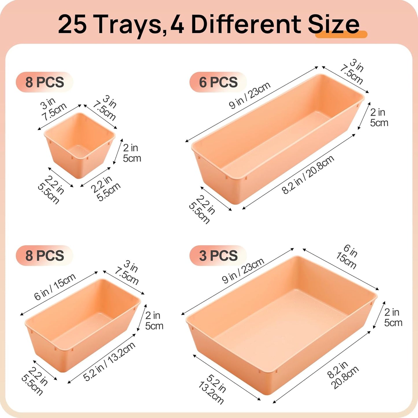 72 PCS Clear Plastic Drawer Organizers Set, 4-Size Versatile Bathroom and Vanity Organizer Trays, Non-Slip Storage Containers for Makeup, Jewelries, Bedroom，Kitchen Utensils and Office