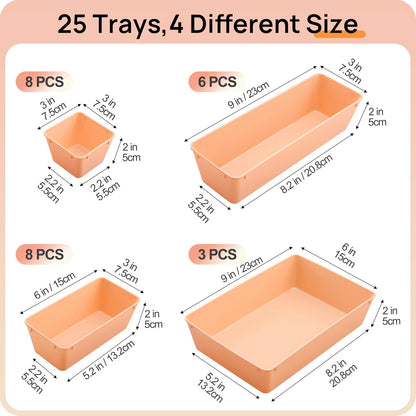 72 PCS Clear Plastic Drawer Organizers Set, 4-Size Versatile Bathroom and Vanity Organizer Trays, Non-Slip Storage Containers for Makeup, Jewelries, Bedroom，Kitchen Utensils and Office
