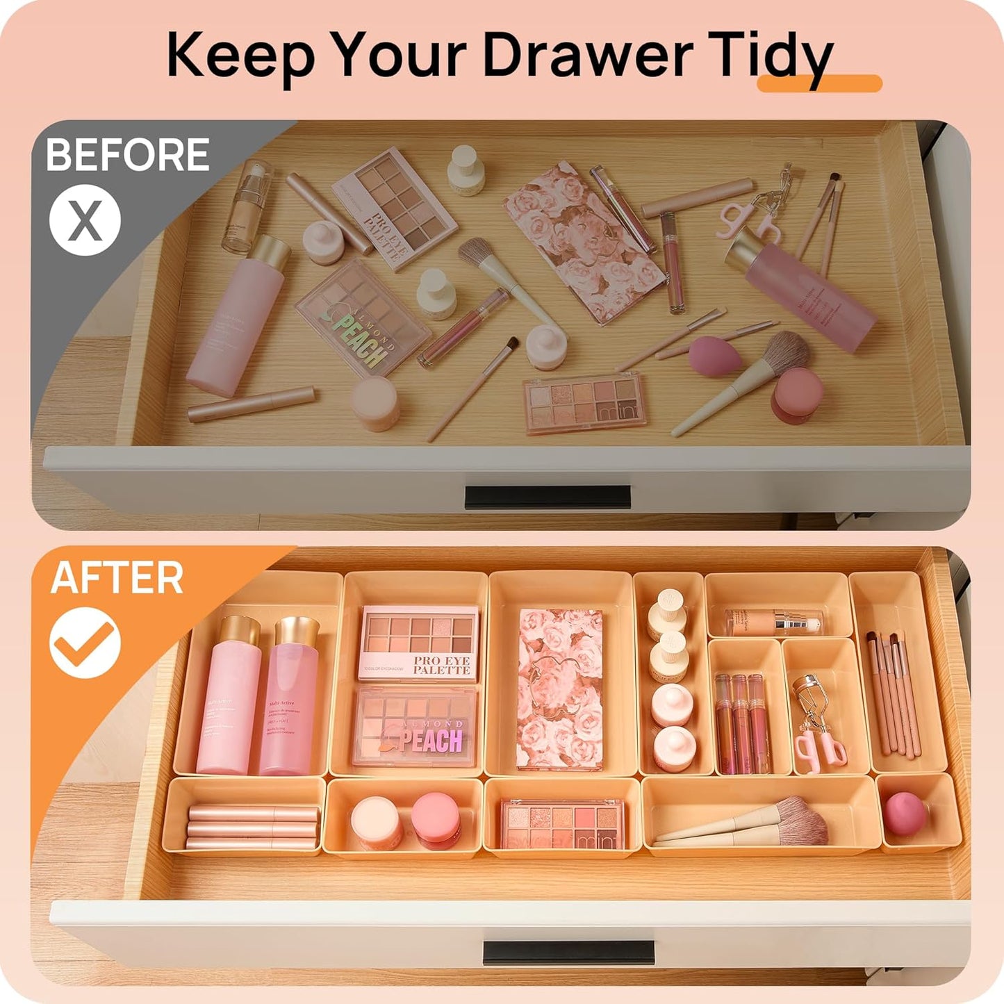 72 PCS Clear Plastic Drawer Organizers Set, 4-Size Versatile Bathroom and Vanity Organizer Trays, Non-Slip Storage Containers for Makeup, Jewelries, Bedroom，Kitchen Utensils and Office