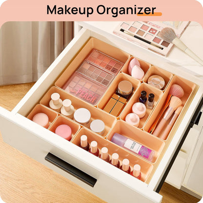 72 PCS Clear Plastic Drawer Organizers Set, 4-Size Versatile Bathroom and Vanity Organizer Trays, Non-Slip Storage Containers for Makeup, Jewelries, Bedroom，Kitchen Utensils and Office
