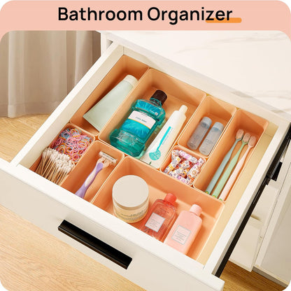72 PCS Clear Plastic Drawer Organizers Set, 4-Size Versatile Bathroom and Vanity Organizer Trays, Non-Slip Storage Containers for Makeup, Jewelries, Bedroom，Kitchen Utensils and Office