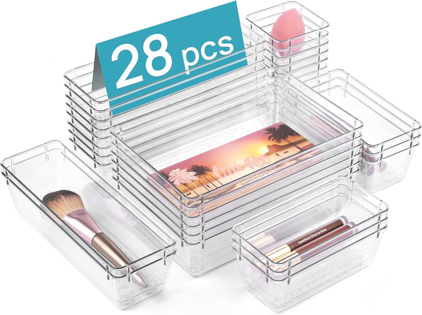 72 PCS Clear Plastic Drawer Organizers Set, 4-Size Versatile Bathroom and Vanity Organizer Trays, Non-Slip Storage Containers for Makeup, Jewelries, Bedroom，Kitchen Utensils and Office