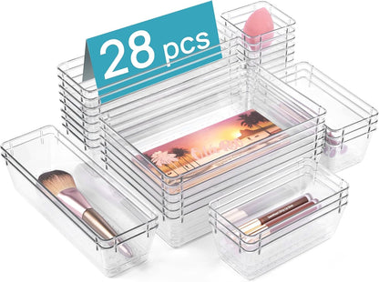 72 PCS Clear Plastic Drawer Organizers Set, 4-Size Versatile Bathroom and Vanity Organizer Trays, Non-Slip Storage Containers for Makeup, Jewelries, Bedroom，Kitchen Utensils and Office
