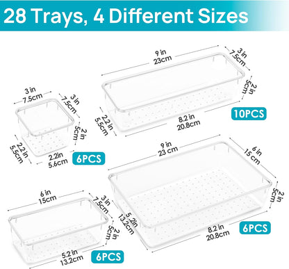 72 PCS Clear Plastic Drawer Organizers Set, 4-Size Versatile Bathroom and Vanity Organizer Trays, Non-Slip Storage Containers for Makeup, Jewelries, Bedroom，Kitchen Utensils and Office