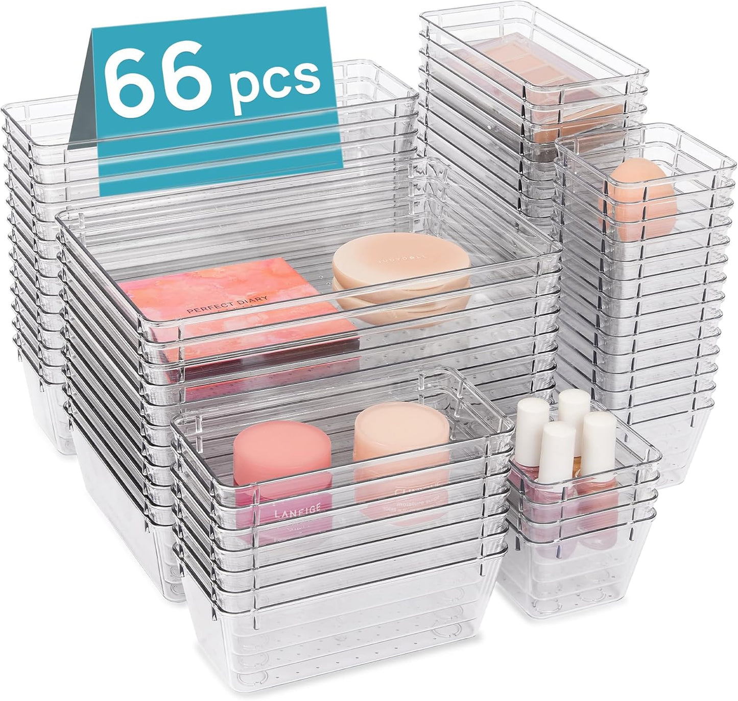 72 PCS Clear Plastic Drawer Organizers Set, 4-Size Versatile Bathroom and Vanity Organizer Trays, Non-Slip Storage Containers for Makeup, Jewelries, Bedroom，Kitchen Utensils and Office