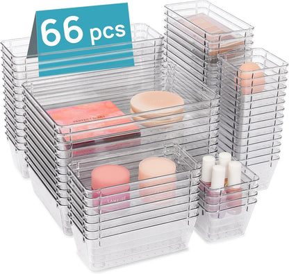 72 PCS Clear Plastic Drawer Organizers Set, 4-Size Versatile Bathroom and Vanity Organizer Trays, Non-Slip Storage Containers for Makeup, Jewelries, Bedroom，Kitchen Utensils and Office