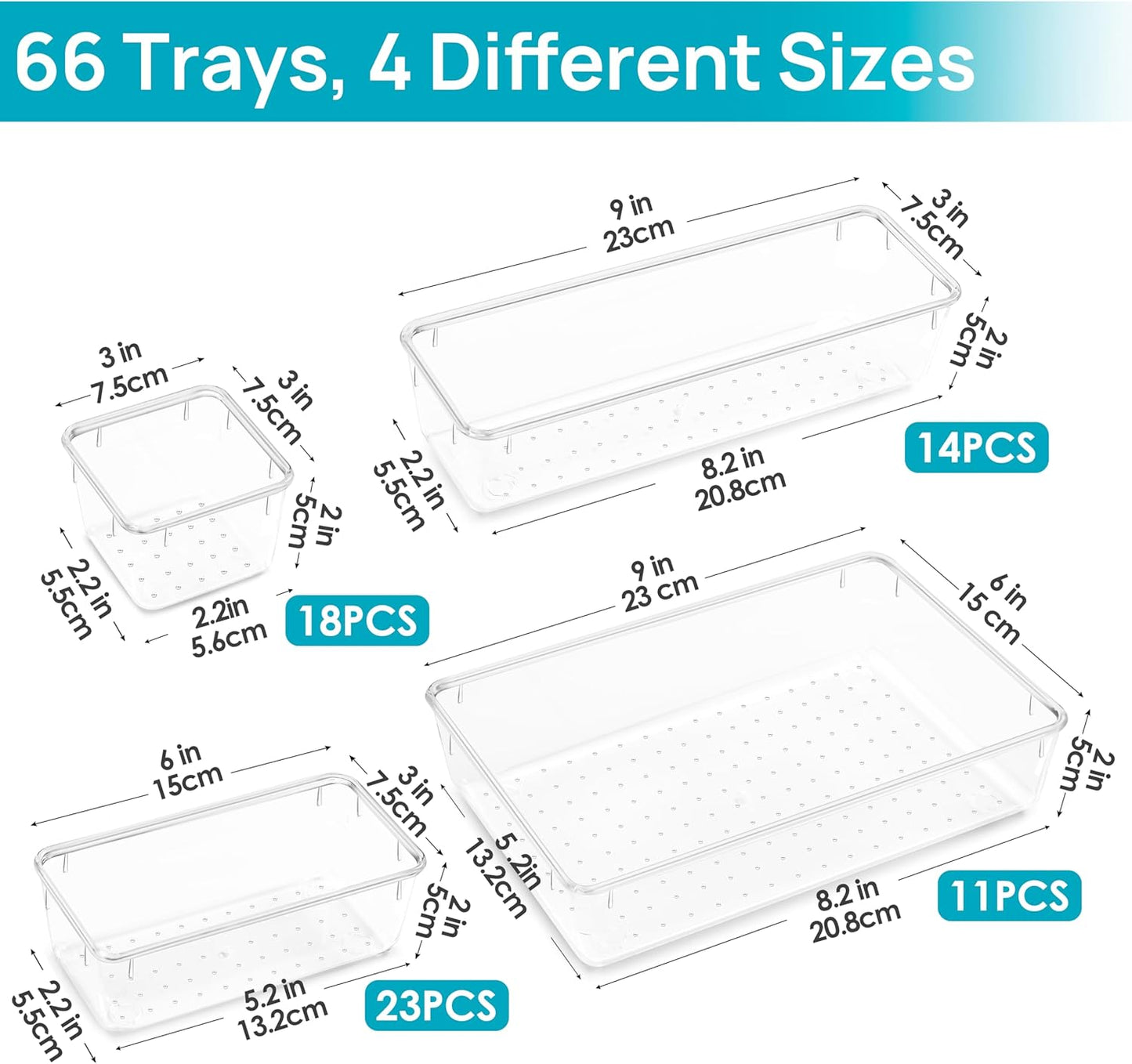 72 PCS Clear Plastic Drawer Organizers Set, 4-Size Versatile Bathroom and Vanity Organizer Trays, Non-Slip Storage Containers for Makeup, Jewelries, Bedroom，Kitchen Utensils and Office
