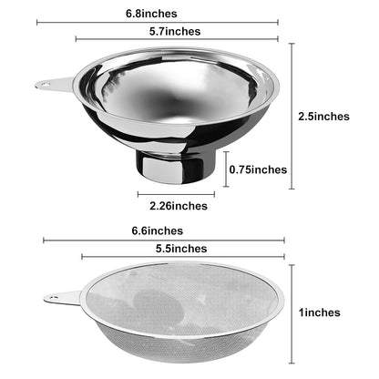 Stainless Steel Funnel, 2 Large and Small Mouth Filling Kitchen funnels, Liquids, fluids, Spices and Powders, Durable and Washable.