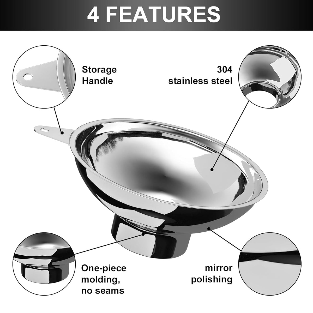 Stainless Steel Funnel, 2 Large and Small Mouth Filling Kitchen funnels, Liquids, fluids, Spices and Powders, Durable and Washable.