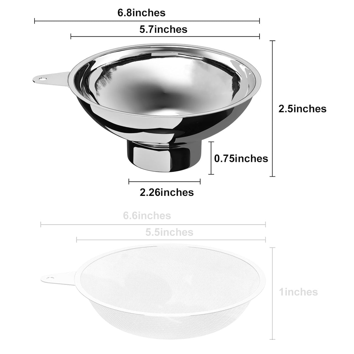 Stainless Steel Funnel, 2 Large and Small Mouth Filling Kitchen funnels, Liquids, fluids, Spices and Powders, Durable and Washable.