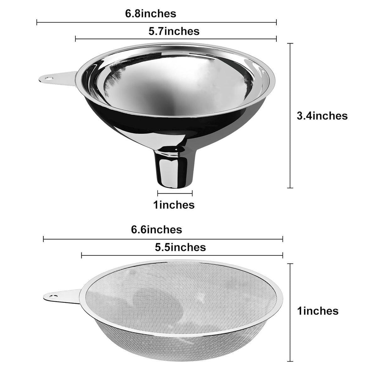 Stainless Steel Funnel, 2 Large and Small Mouth Filling Kitchen funnels, Liquids, fluids, Spices and Powders, Durable and Washable.