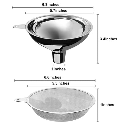 Stainless Steel Funnel, 2 Large and Small Mouth Filling Kitchen funnels, Liquids, fluids, Spices and Powders, Durable and Washable.