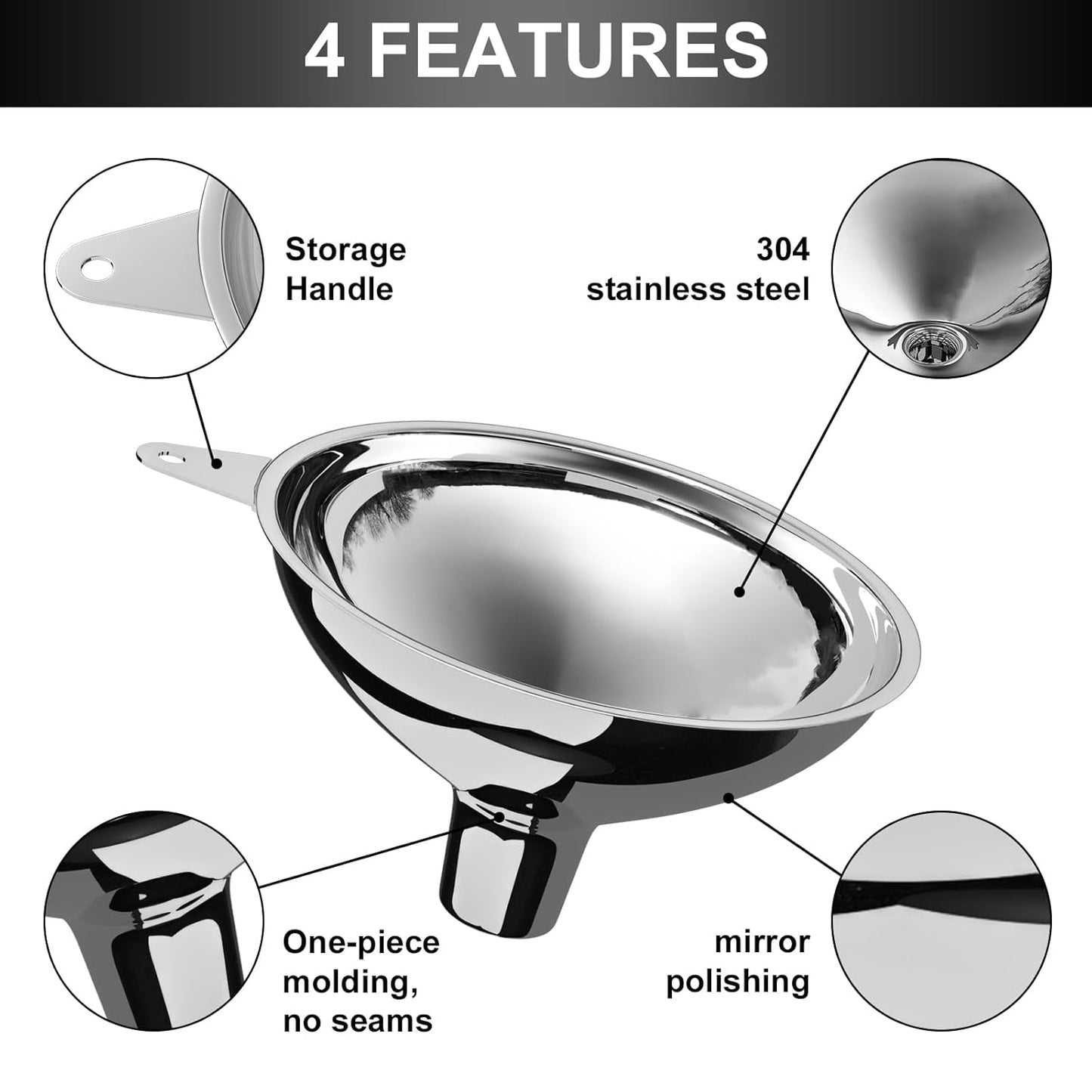 Stainless Steel Funnel, 2 Large and Small Mouth Filling Kitchen funnels, Liquids, fluids, Spices and Powders, Durable and Washable.