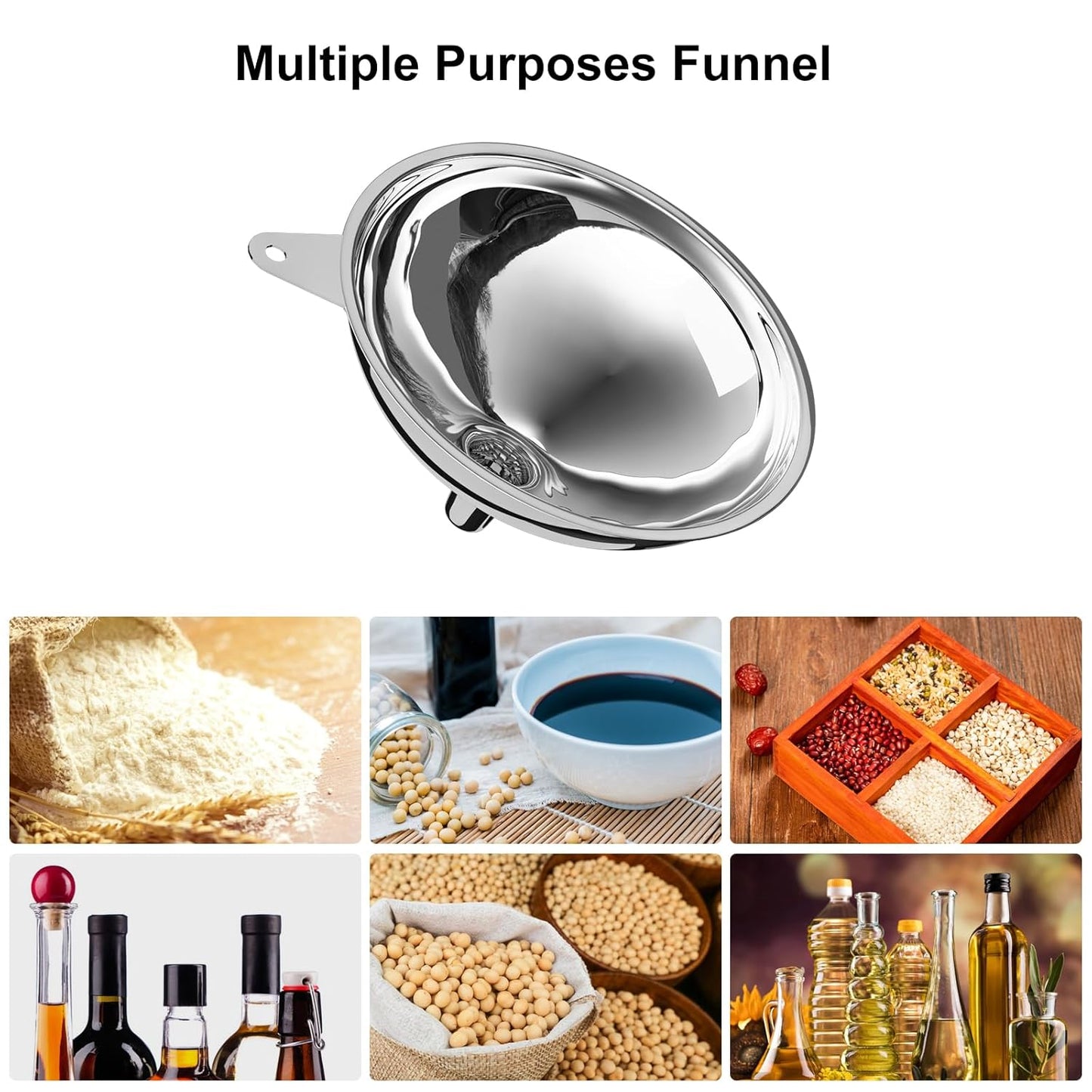 Stainless Steel Funnel, 2 Large and Small Mouth Filling Kitchen funnels, Liquids, fluids, Spices and Powders, Durable and Washable.