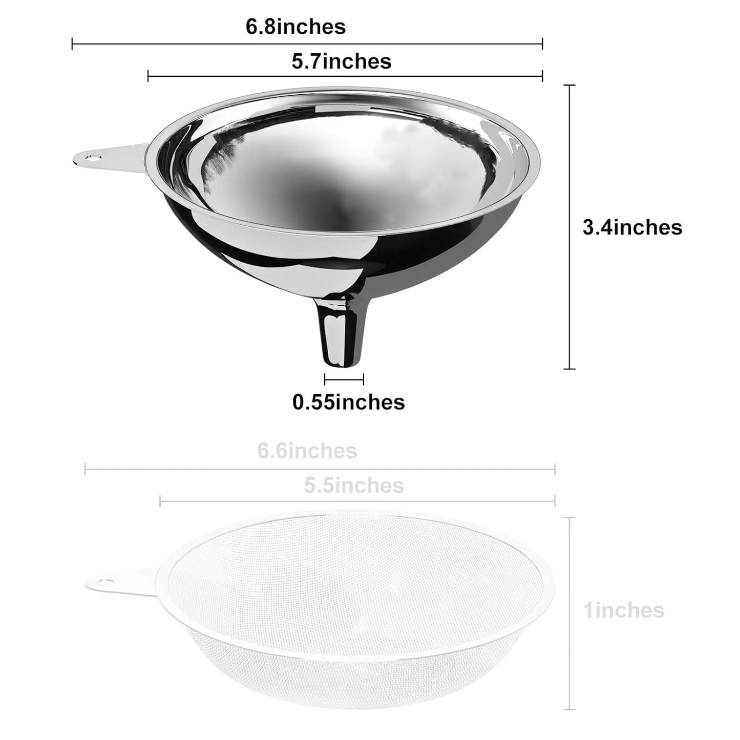 Stainless Steel Funnel, 2 Large and Small Mouth Filling Kitchen funnels, Liquids, fluids, Spices and Powders, Durable and Washable.