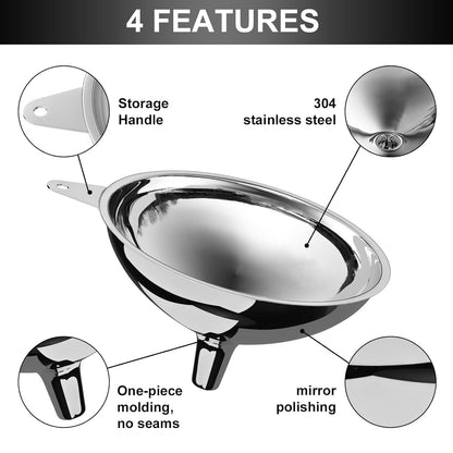 Stainless Steel Funnel, 2 Large and Small Mouth Filling Kitchen funnels, Liquids, fluids, Spices and Powders, Durable and Washable.