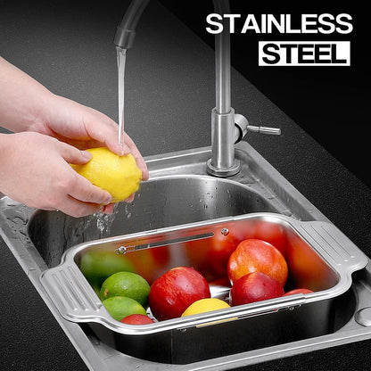 Extendable Over The Sink Basket Expandable Stainless Steel Colander 304 Food Grade Strainer for Washing Vegetables Fruits Pasta Dishes with Rubber Grip Handles (S)