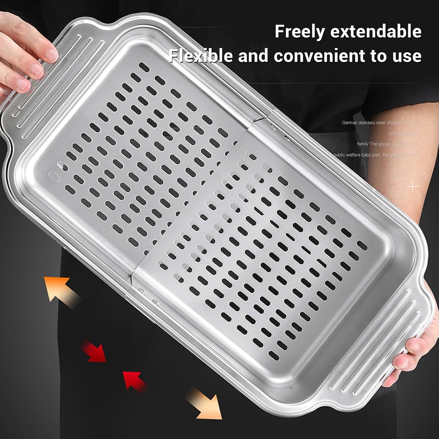 Extendable Over The Sink Basket Expandable Stainless Steel Colander 304 Food Grade Strainer for Washing Vegetables Fruits Pasta Dishes with Rubber Grip Handles (S)